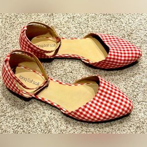 Long Tall Sally Red/White Gingham Flats with ankle strap